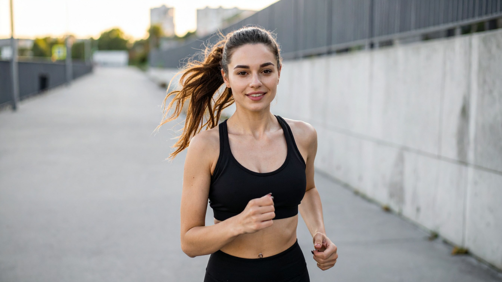 Woman jogging outdoors along a wide concrete path beside a tall gray wall, wearing a black sports bra.